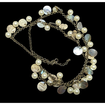 Bohemian Glam Faux Pearl Shell Disc Charm Necklace