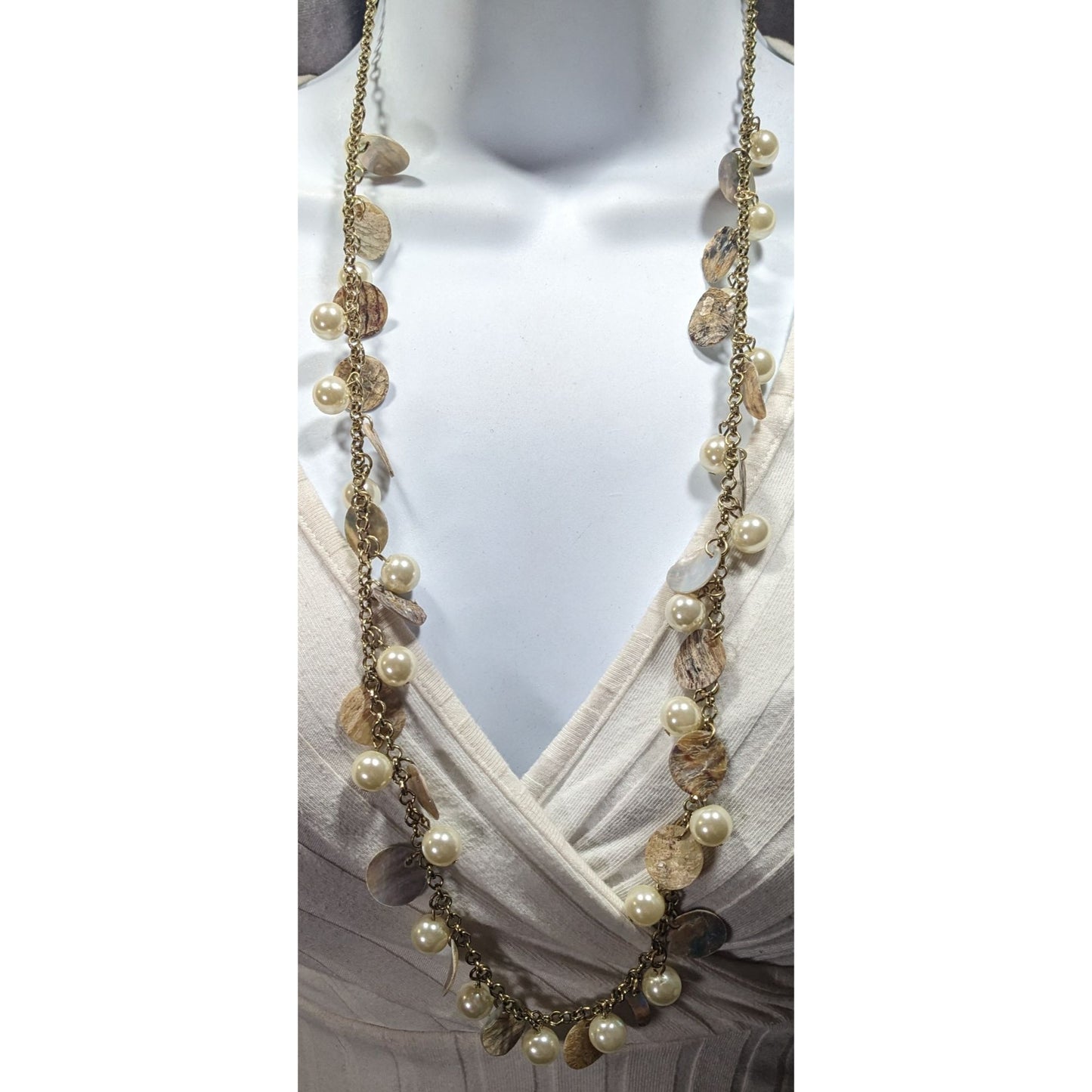 Bohemian Glam Faux Pearl Shell Disc Charm Necklace