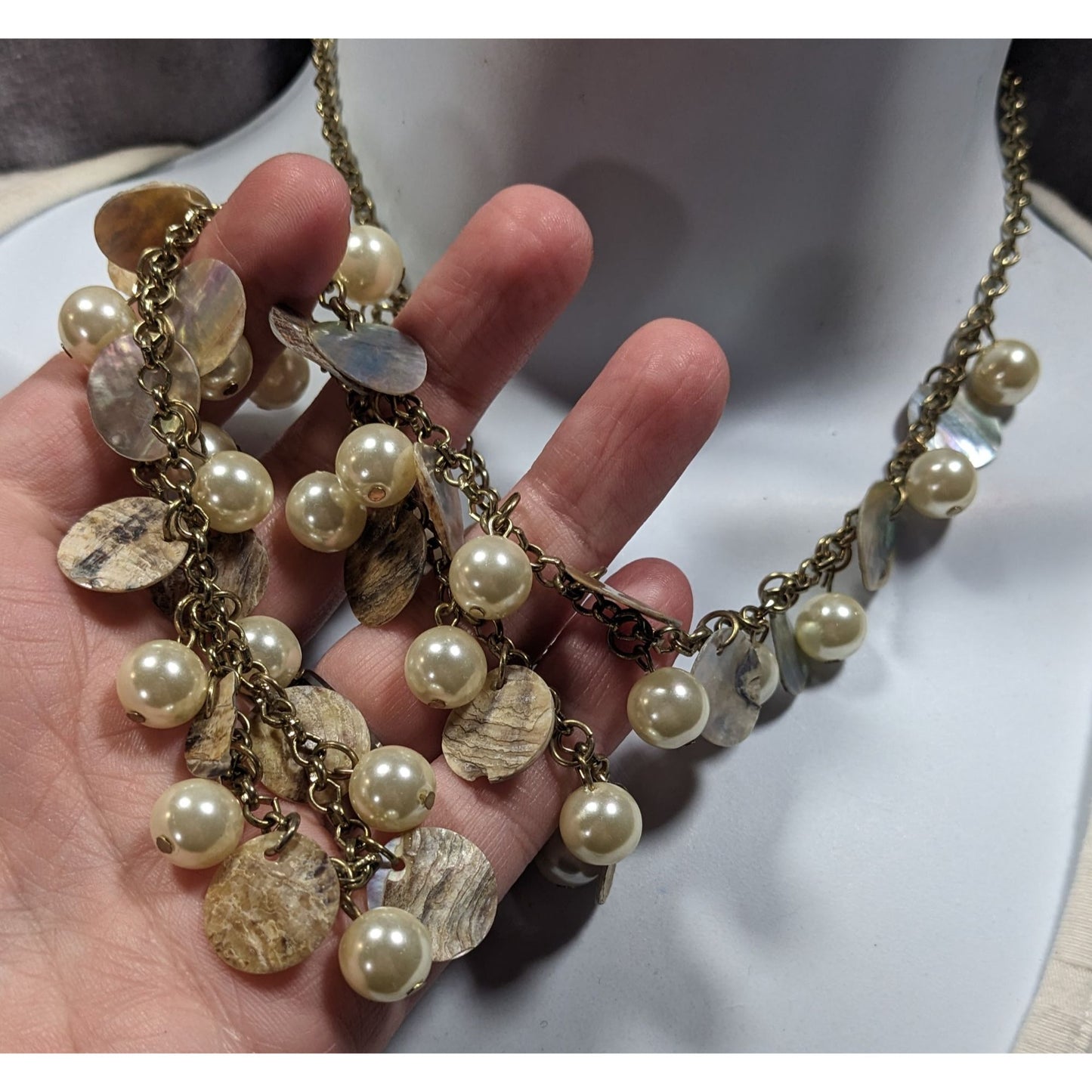 Bohemian Glam Faux Pearl Shell Disc Charm Necklace