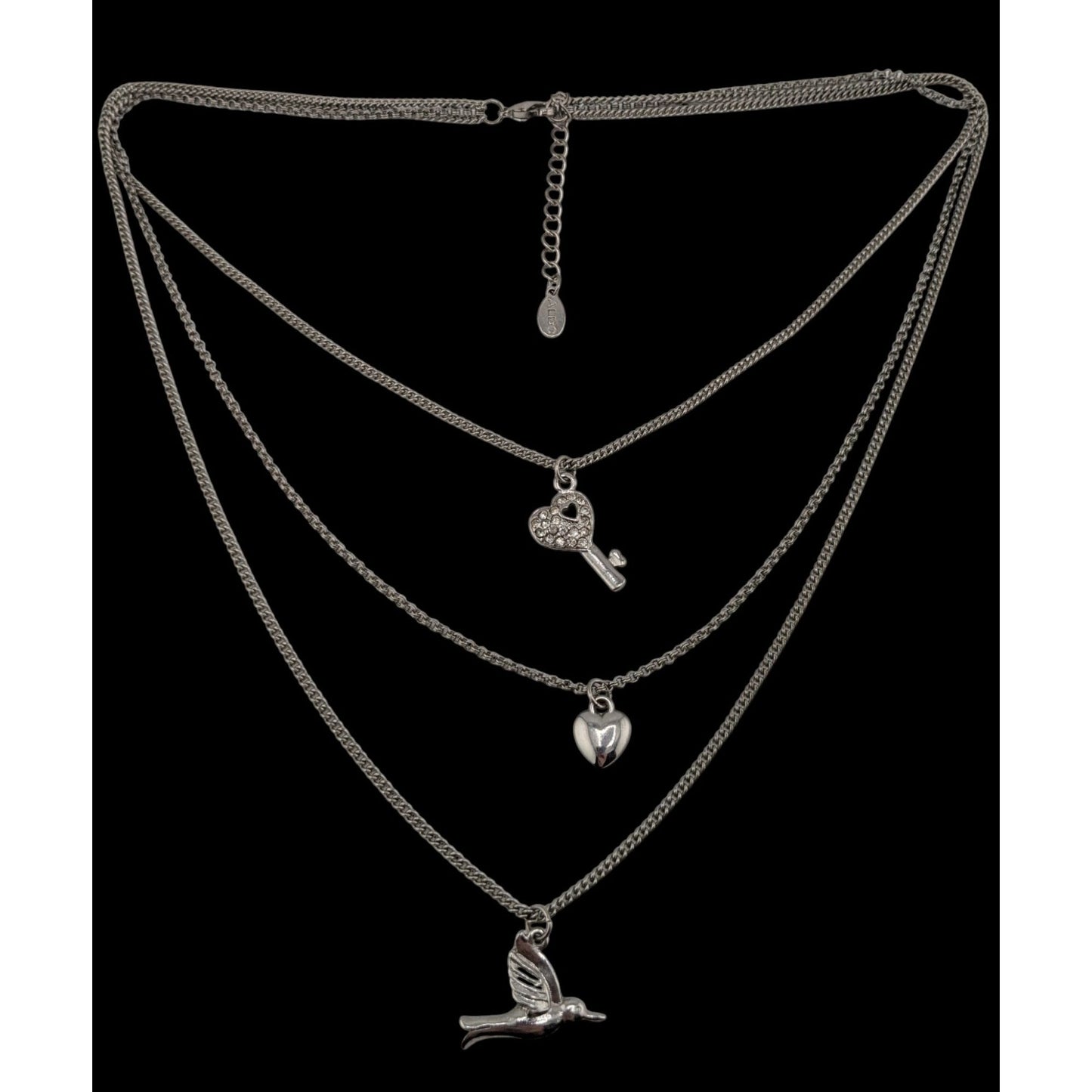 Aldo Layered Silver-Tone Charm Necklace With Heart Key & Bird Pendants