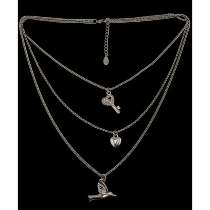 Aldo Layered Silver-Tone Charm Necklace With Heart Key & Bird Pendants