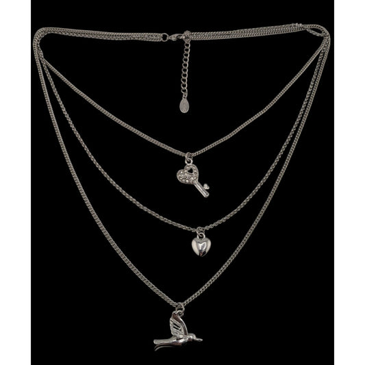 Aldo Layered Silver-Tone Charm Necklace With Heart Key & Bird Pendants
