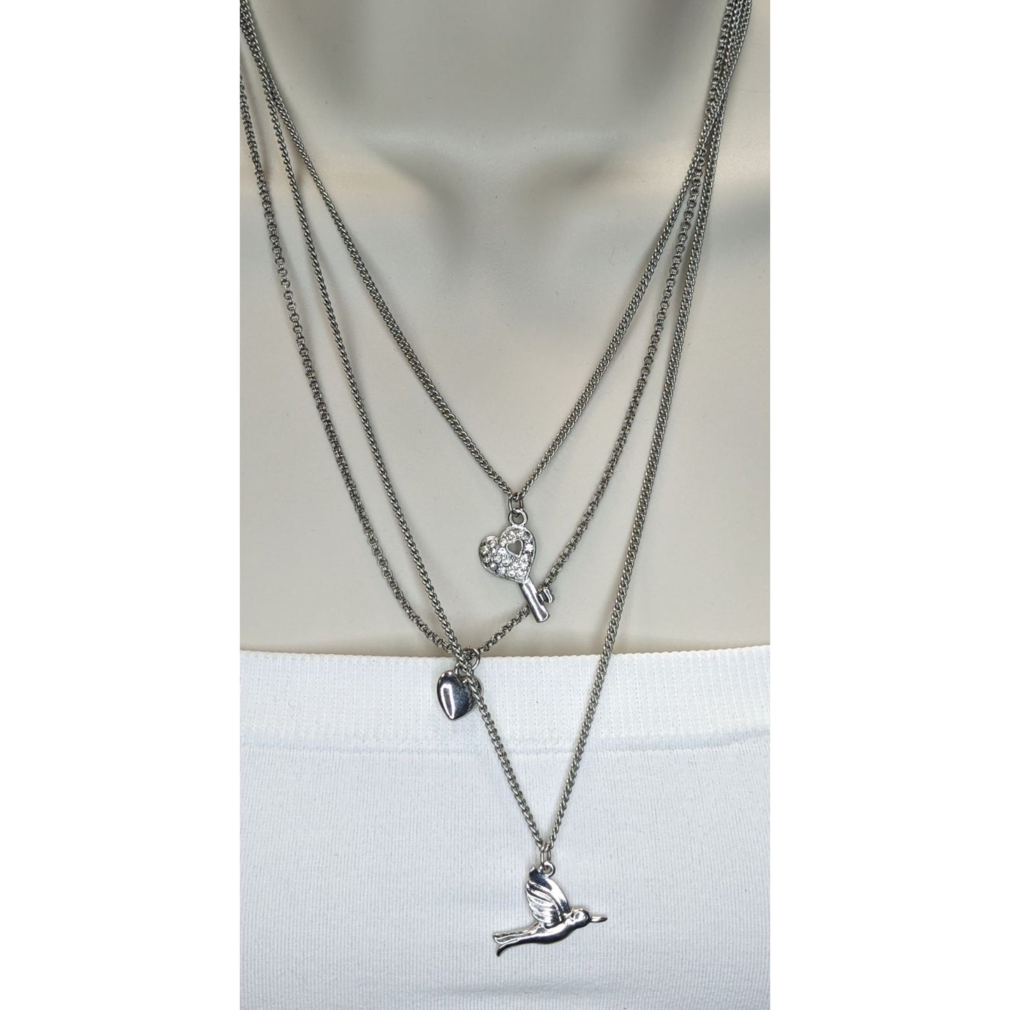 Aldo Layered Silver-Tone Charm Necklace With Heart Key & Bird Pendants