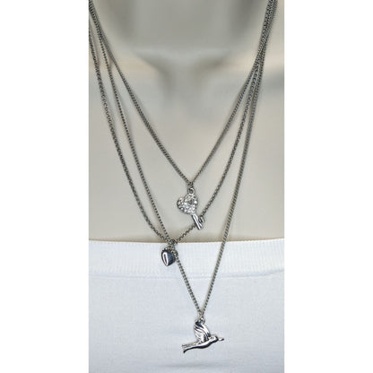 Aldo Layered Silver-Tone Charm Necklace With Heart Key & Bird Pendants