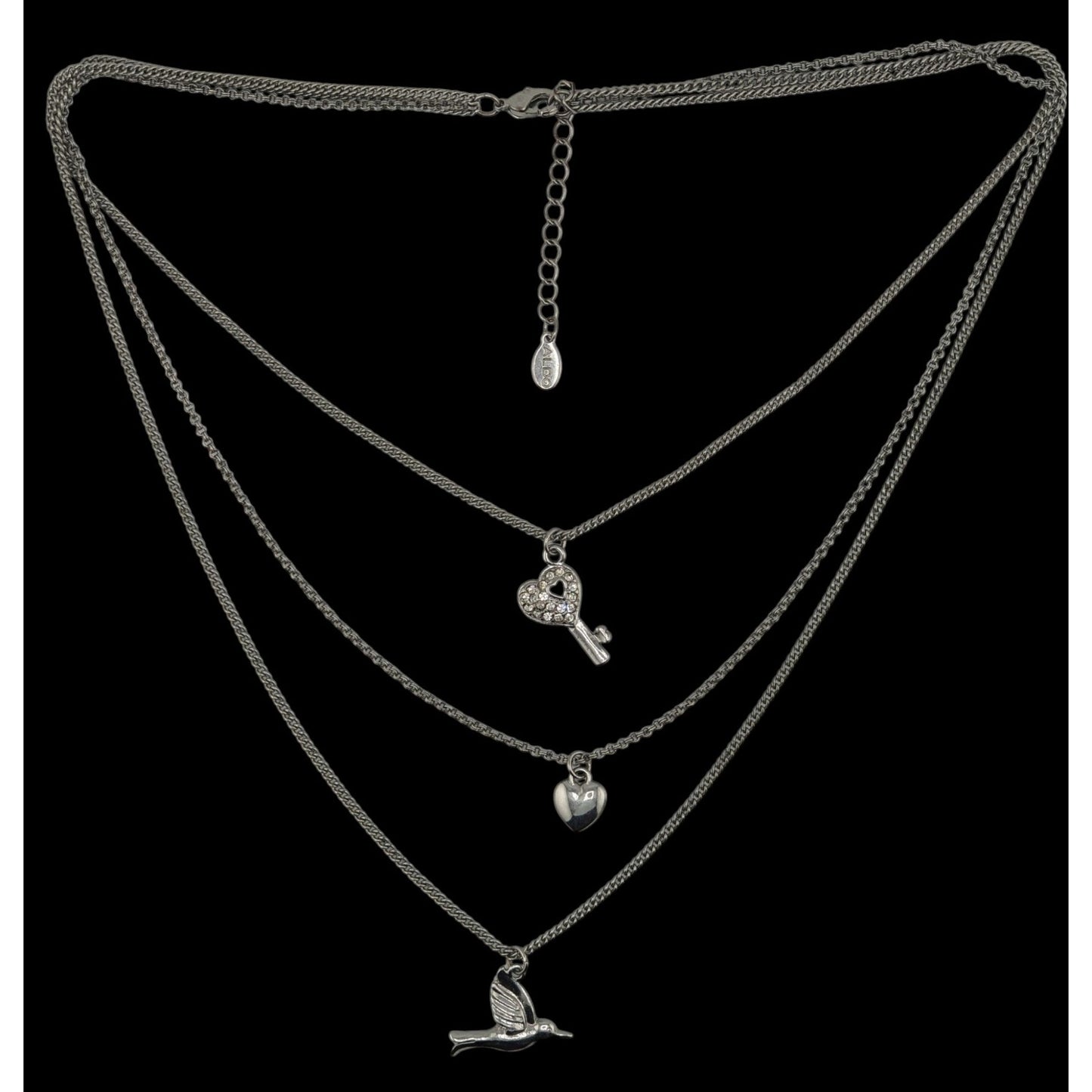 Aldo Layered Silver-Tone Charm Necklace With Heart Key & Bird Pendants