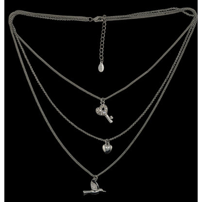 Aldo Layered Silver-Tone Charm Necklace With Heart Key & Bird Pendants