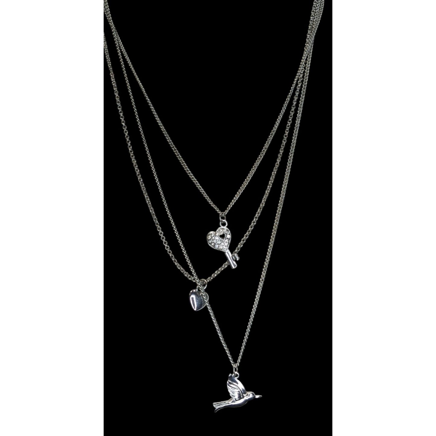 Aldo Layered Silver-Tone Charm Necklace With Heart Key & Bird Pendants