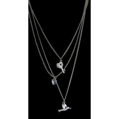 Aldo Layered Silver-Tone Charm Necklace With Heart Key & Bird Pendants