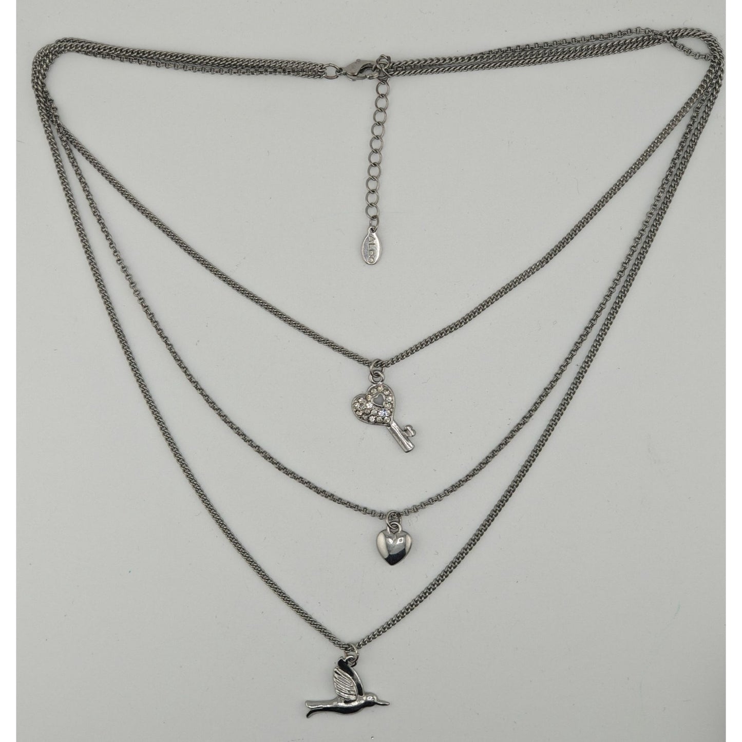 Aldo Layered Silver-Tone Charm Necklace With Heart Key & Bird Pendants