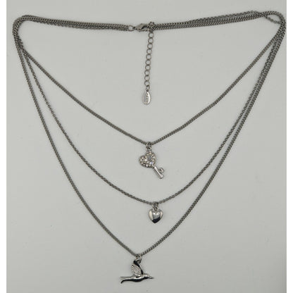 Aldo Layered Silver-Tone Charm Necklace With Heart Key & Bird Pendants