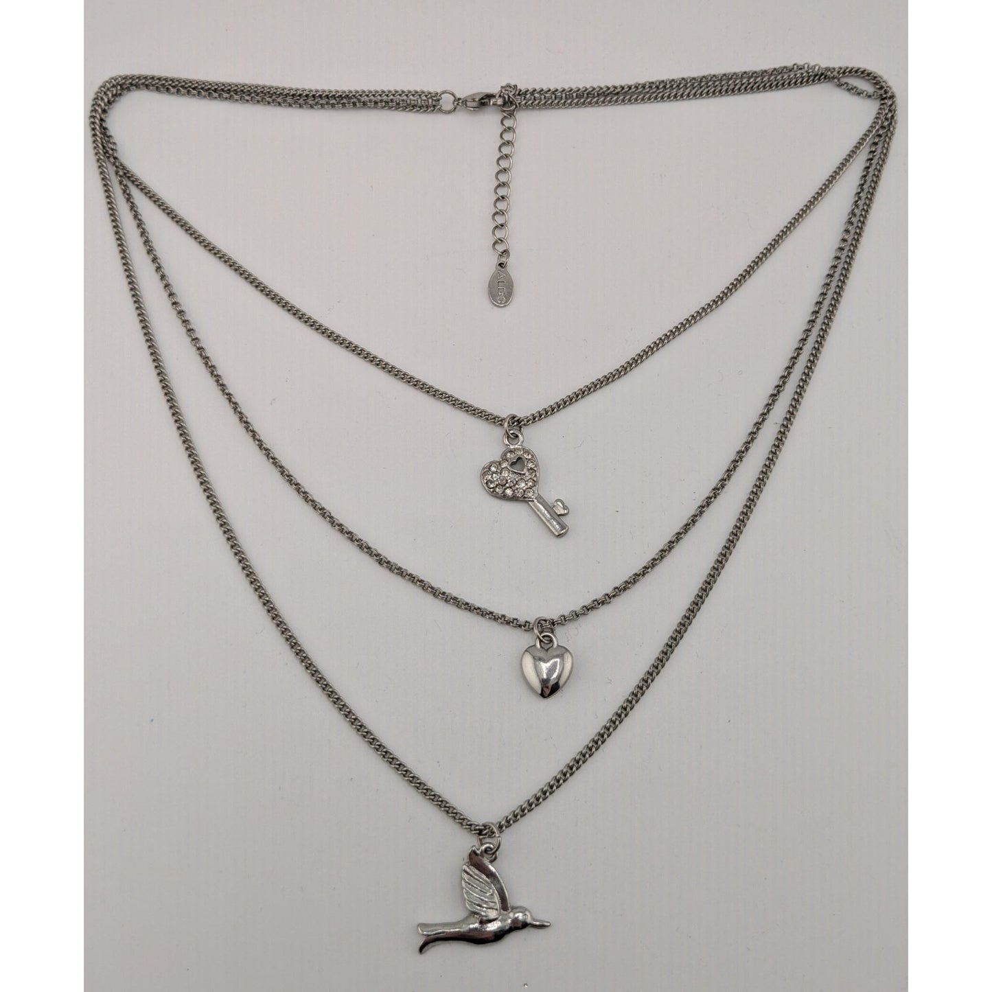 Aldo Layered Silver-Tone Charm Necklace With Heart Key & Bird Pendants