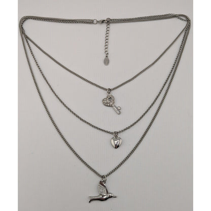 Aldo Layered Silver-Tone Charm Necklace With Heart Key & Bird Pendants