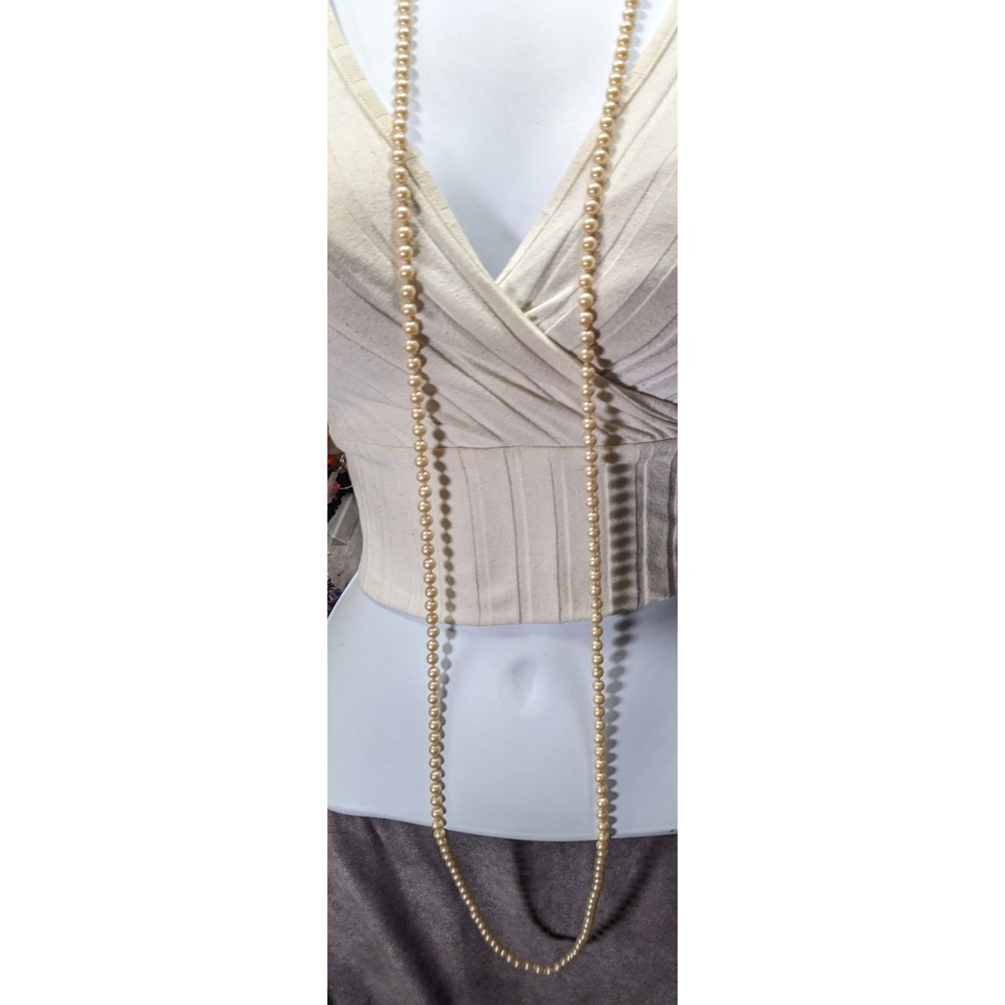 Vintage Japanese Cream Faux Pearl Extra Long Beaded Necklace