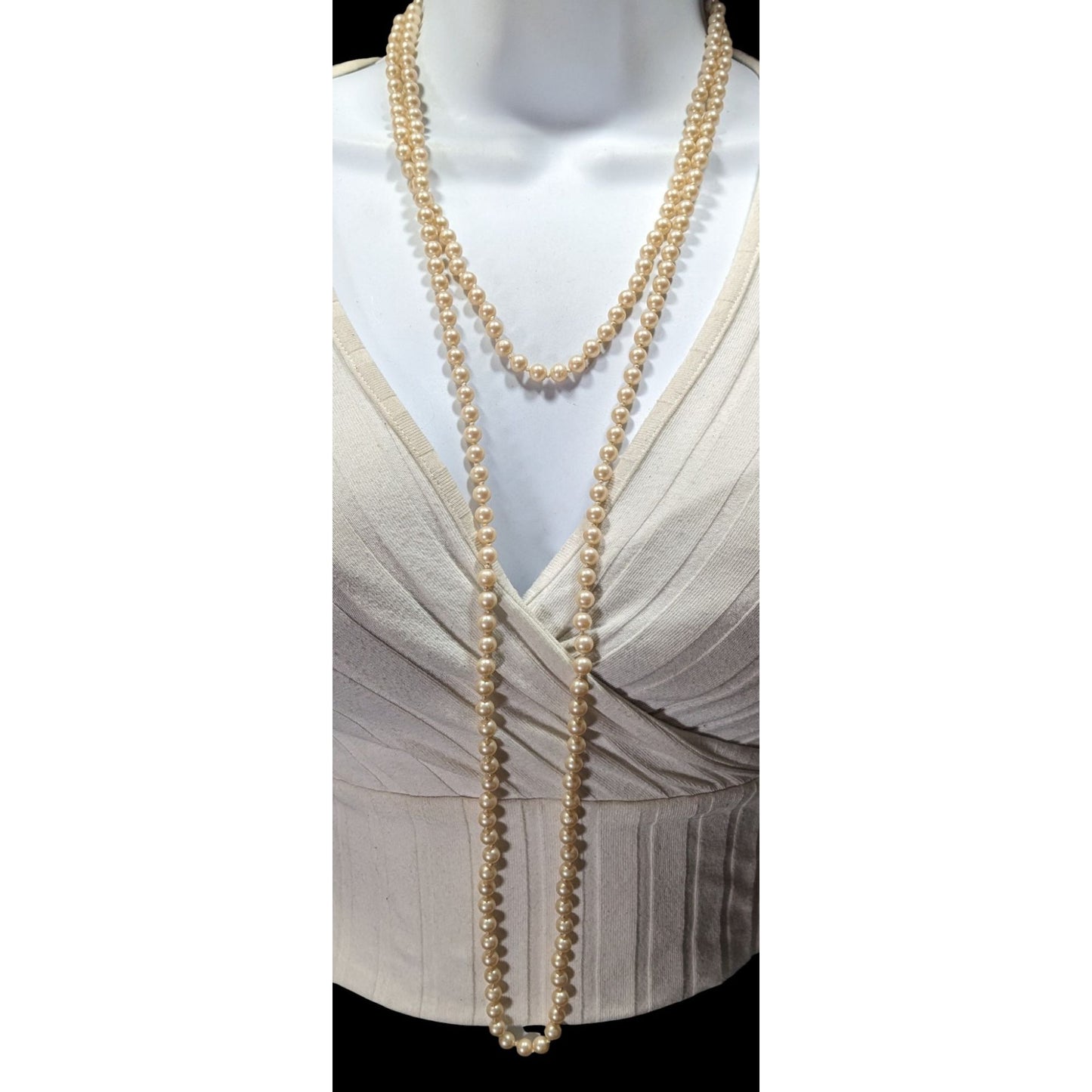 Vintage Japanese Cream Faux Pearl Extra Long Beaded Necklace