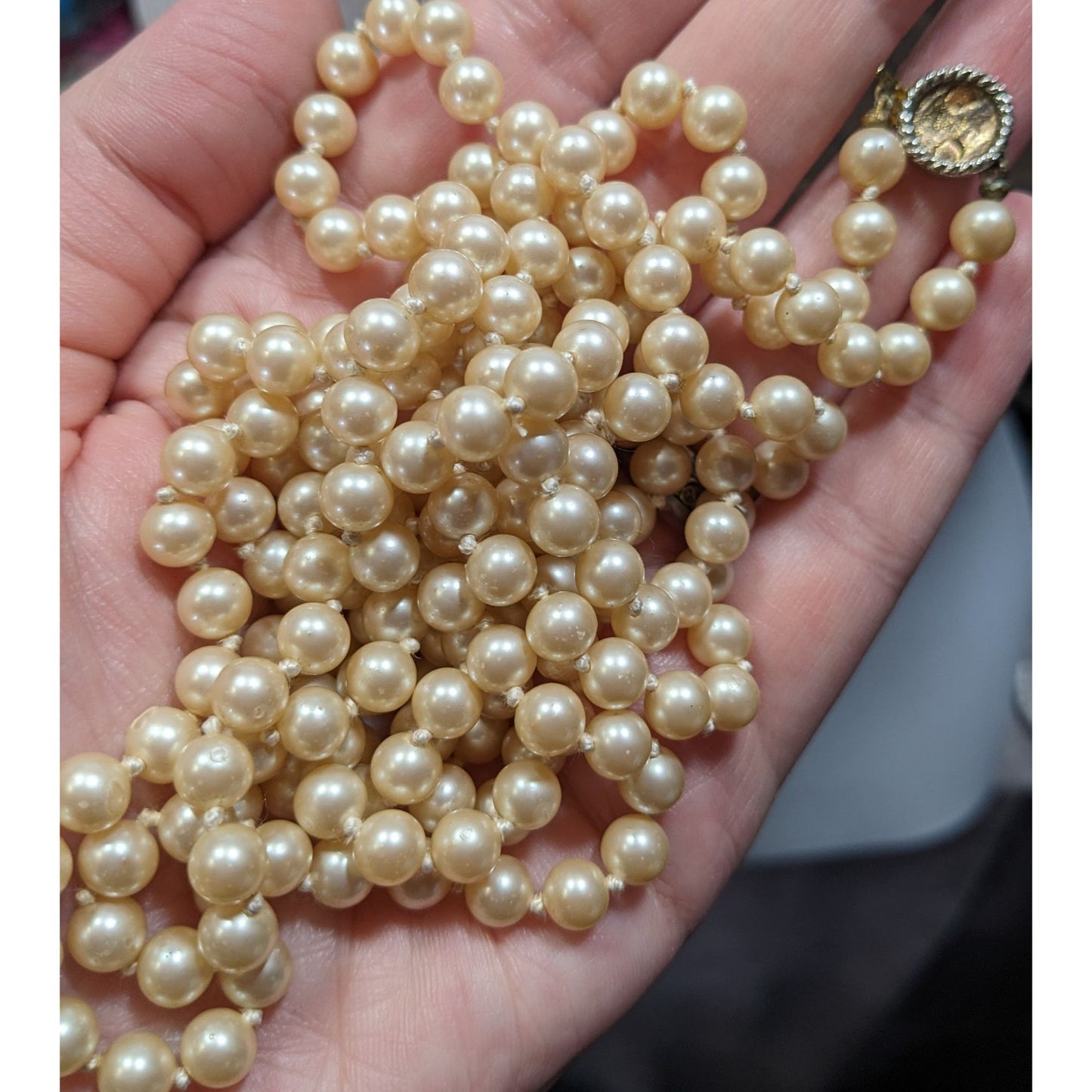 Vintage Japanese Cream Faux Pearl Extra Long Beaded Necklace