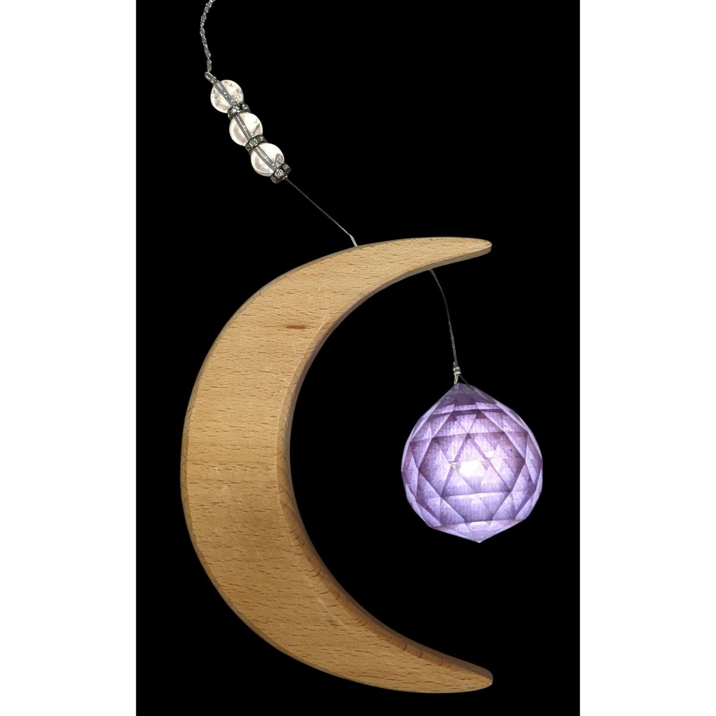 Witchy Celestial Crescent Moon Wood Purple Crystal Suncatcher Hanging Decor