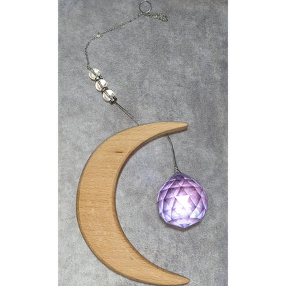 Witchy Celestial Crescent Moon Wood Purple Crystal Suncatcher Hanging Decor