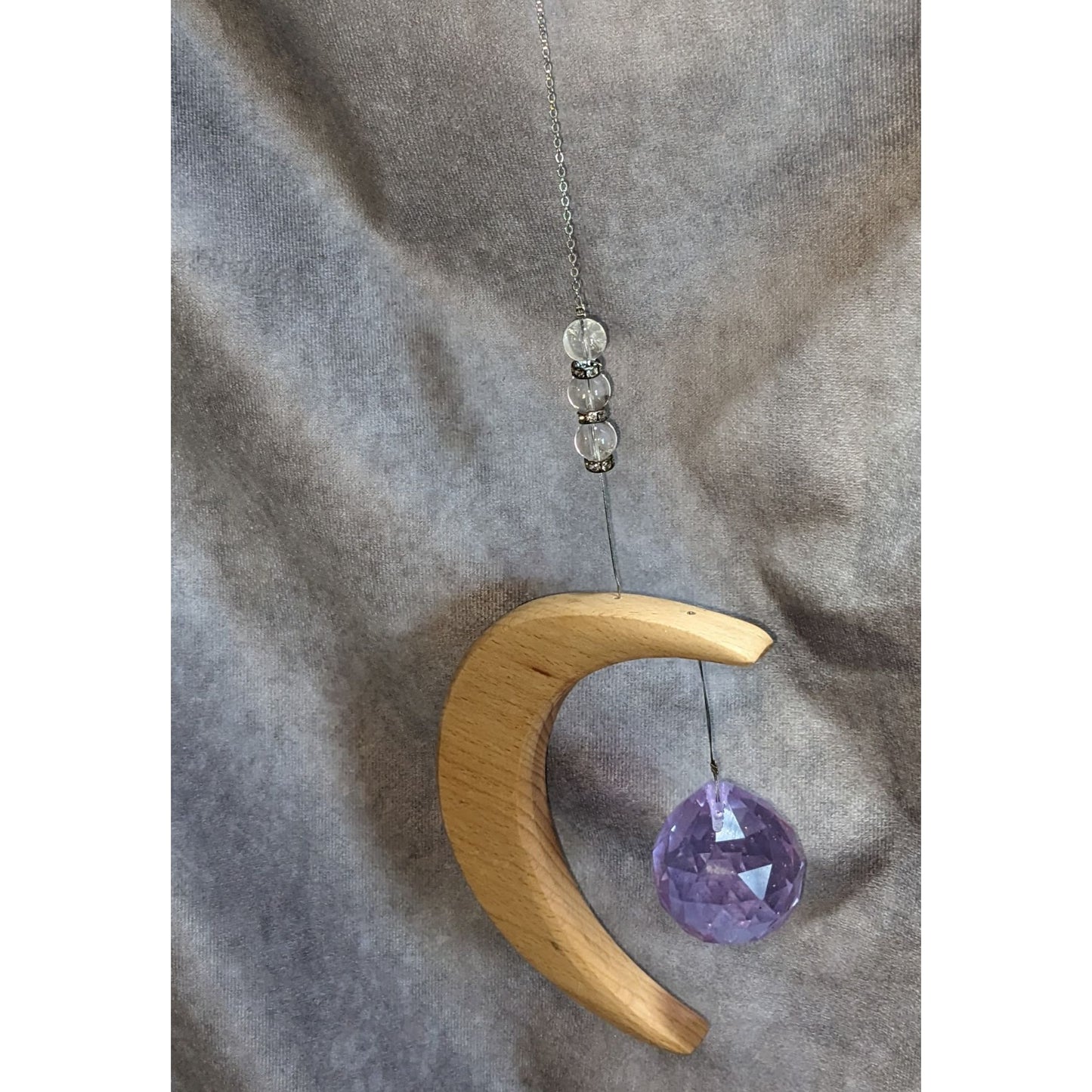 Witchy Celestial Crescent Moon Wood Purple Crystal Suncatcher Hanging Decor
