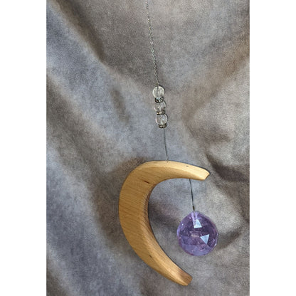 Witchy Celestial Crescent Moon Wood Purple Crystal Suncatcher Hanging Decor