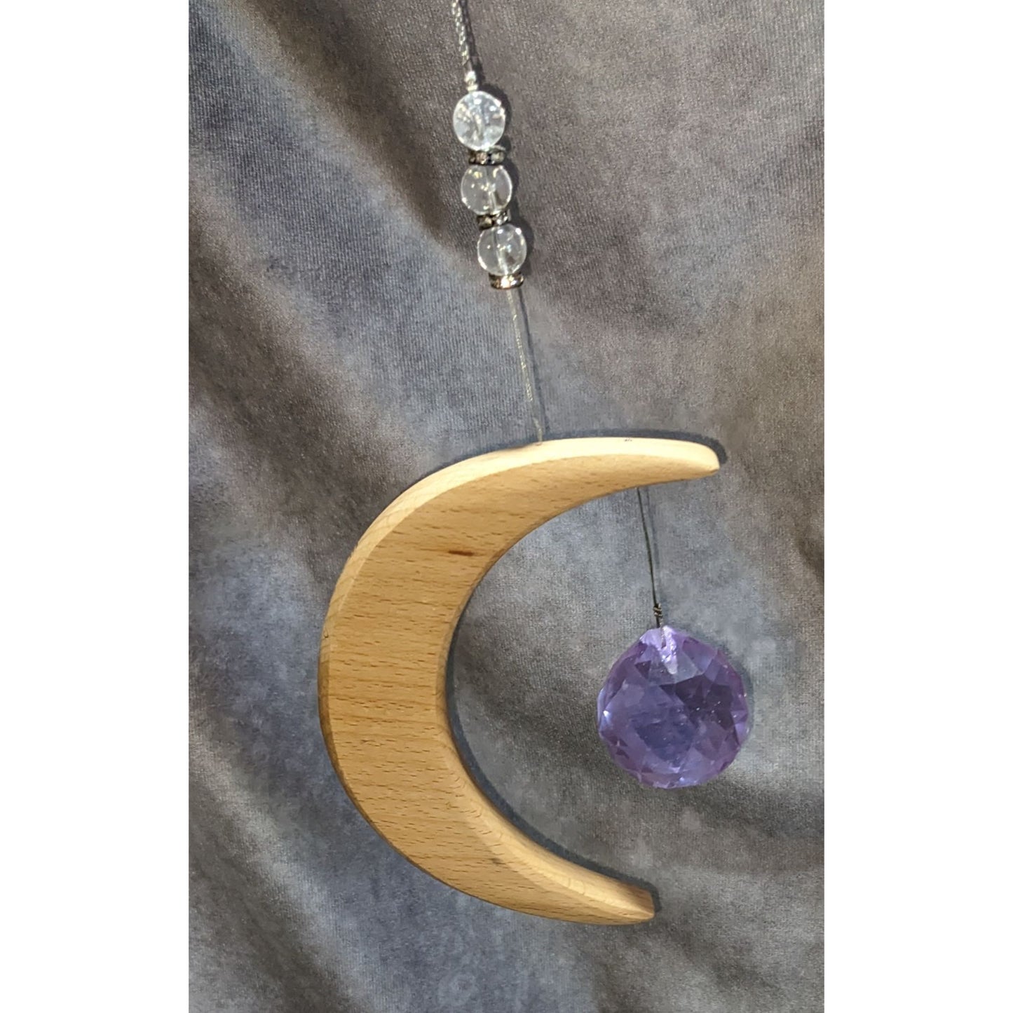 Witchy Celestial Crescent Moon Wood Purple Crystal Suncatcher Hanging Decor