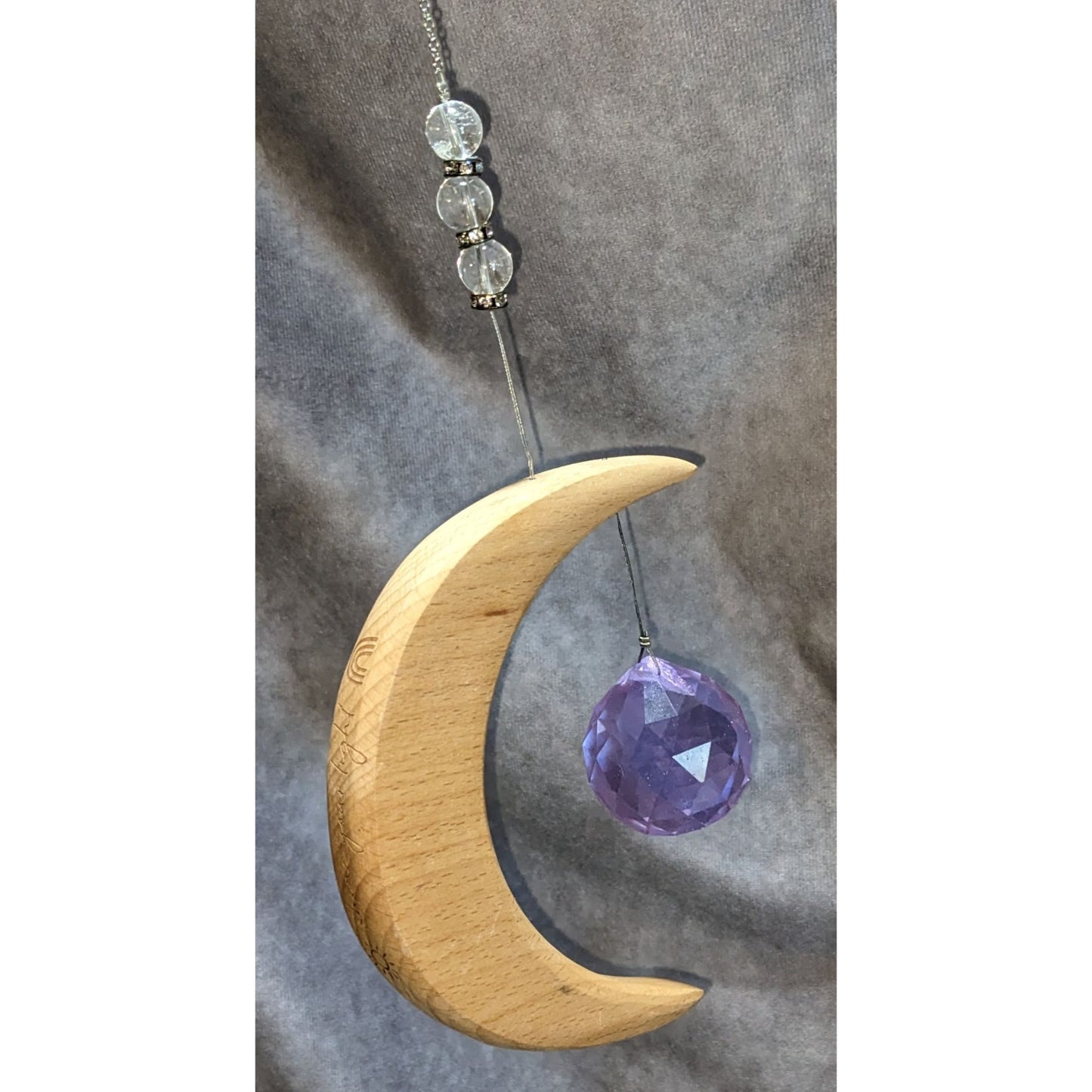 Witchy Celestial Crescent Moon Wood Purple Crystal Suncatcher Hanging Decor