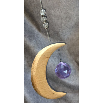 Witchy Celestial Crescent Moon Wood Purple Crystal Suncatcher Hanging Decor