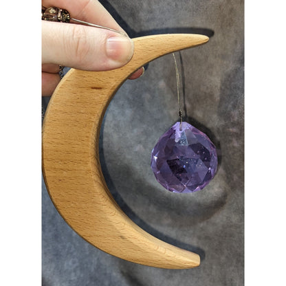 Witchy Celestial Crescent Moon Wood Purple Crystal Suncatcher Hanging Decor