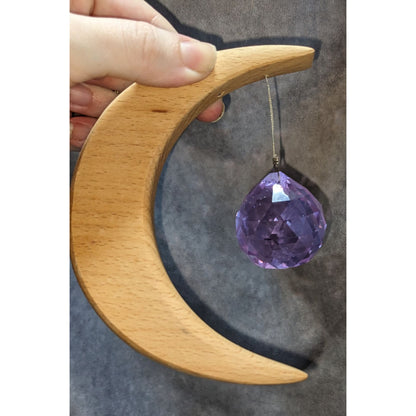 Witchy Celestial Crescent Moon Wood Purple Crystal Suncatcher Hanging Decor