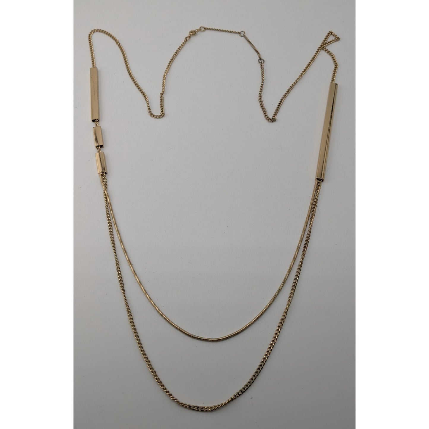 Gold-Tone Long Layered Chain Necklace With Bar Accents & 3-Inch Extender