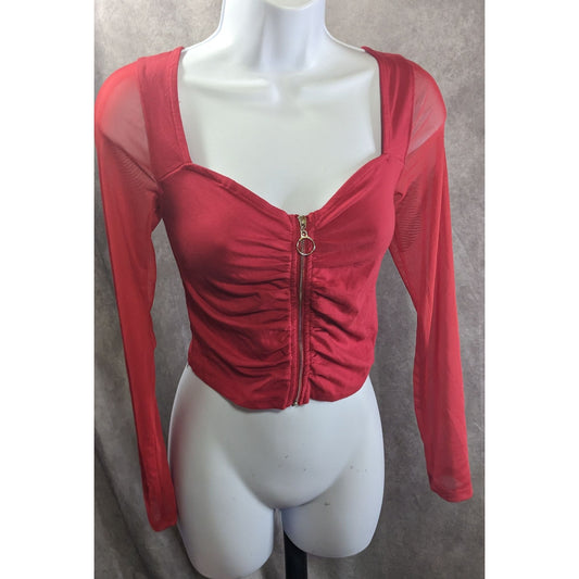 Vintage 90s Ambiance Red Long Sleeve Top With Mesh Sleeves & Gold Zip Front