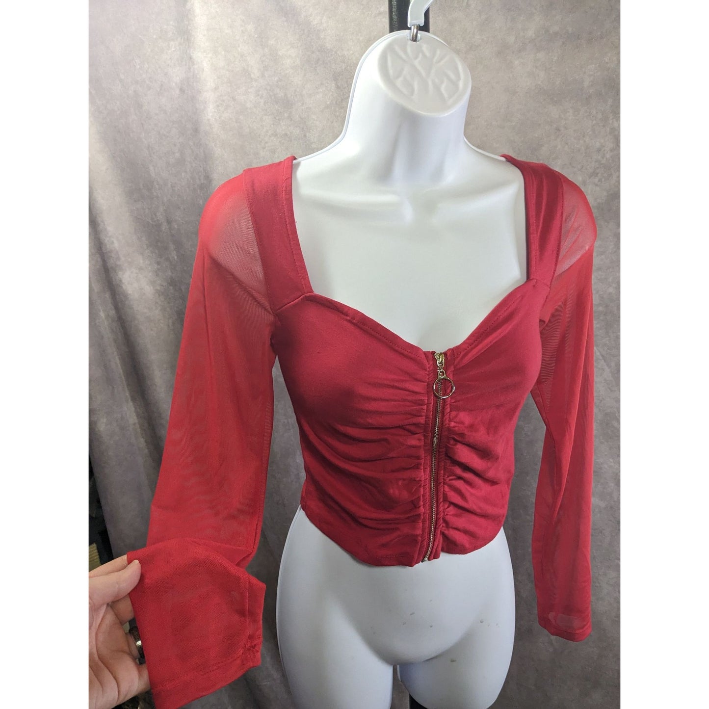 Vintage 90s Ambiance Red Long Sleeve Top With Mesh Sleeves & Gold Zip Front