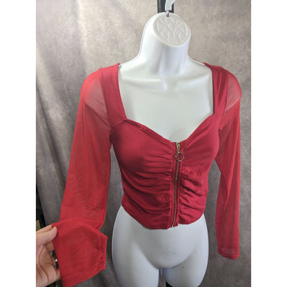 Vintage 90s Ambiance Red Long Sleeve Top With Mesh Sleeves & Gold Zip Front