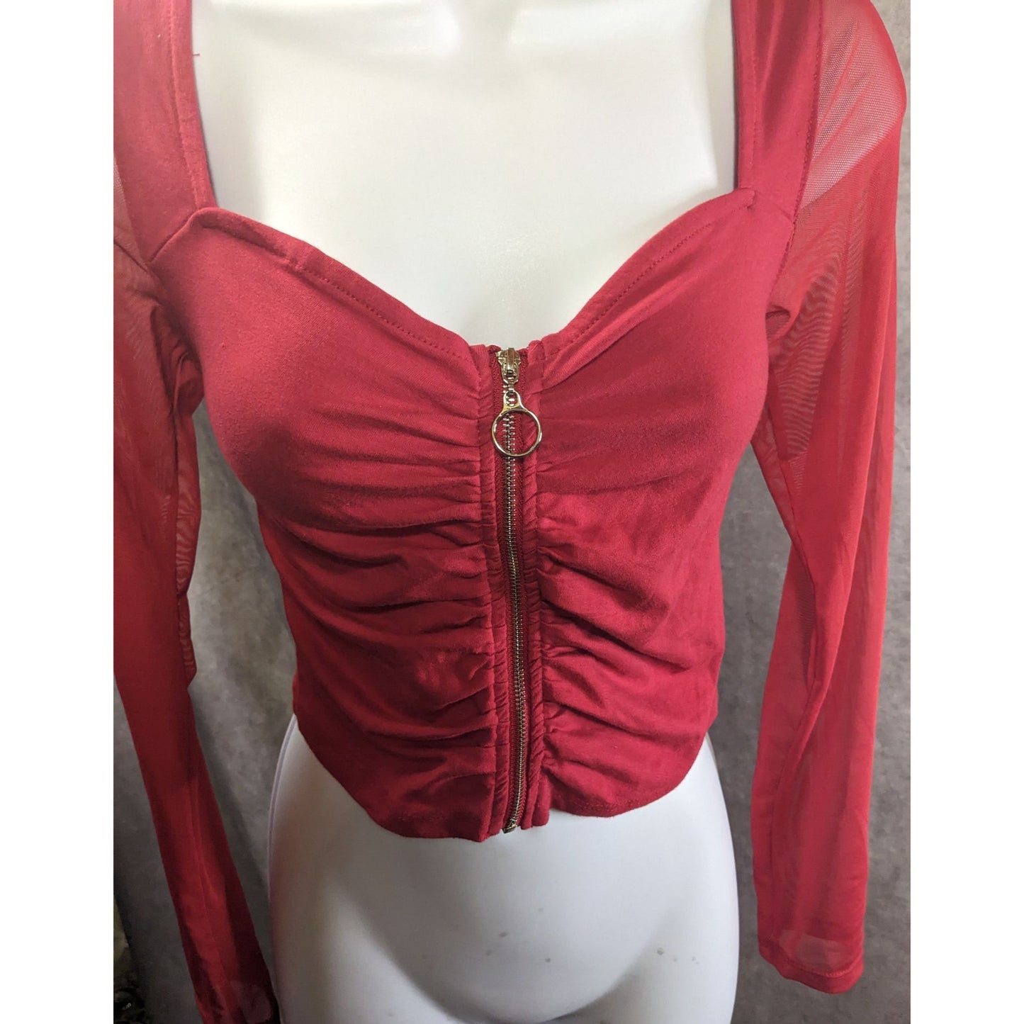 Vintage 90s Ambiance Red Long Sleeve Top With Mesh Sleeves & Gold Zip Front