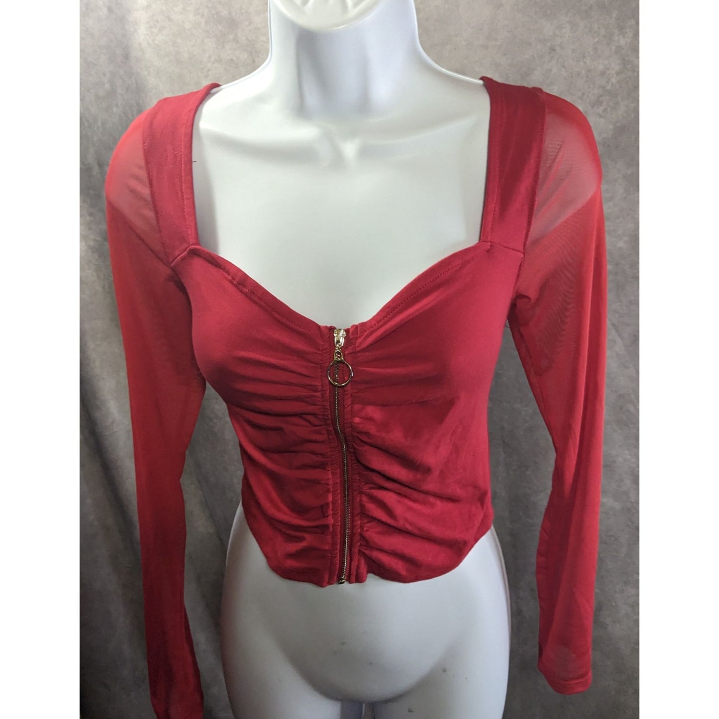 Vintage 90s Ambiance Red Long Sleeve Top With Mesh Sleeves & Gold Zip Front