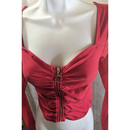 Vintage 90s Ambiance Red Long Sleeve Top With Mesh Sleeves & Gold Zip Front