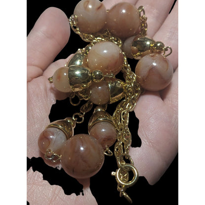 Vintage Gold-Tone Chain Necklace With Pink Beads