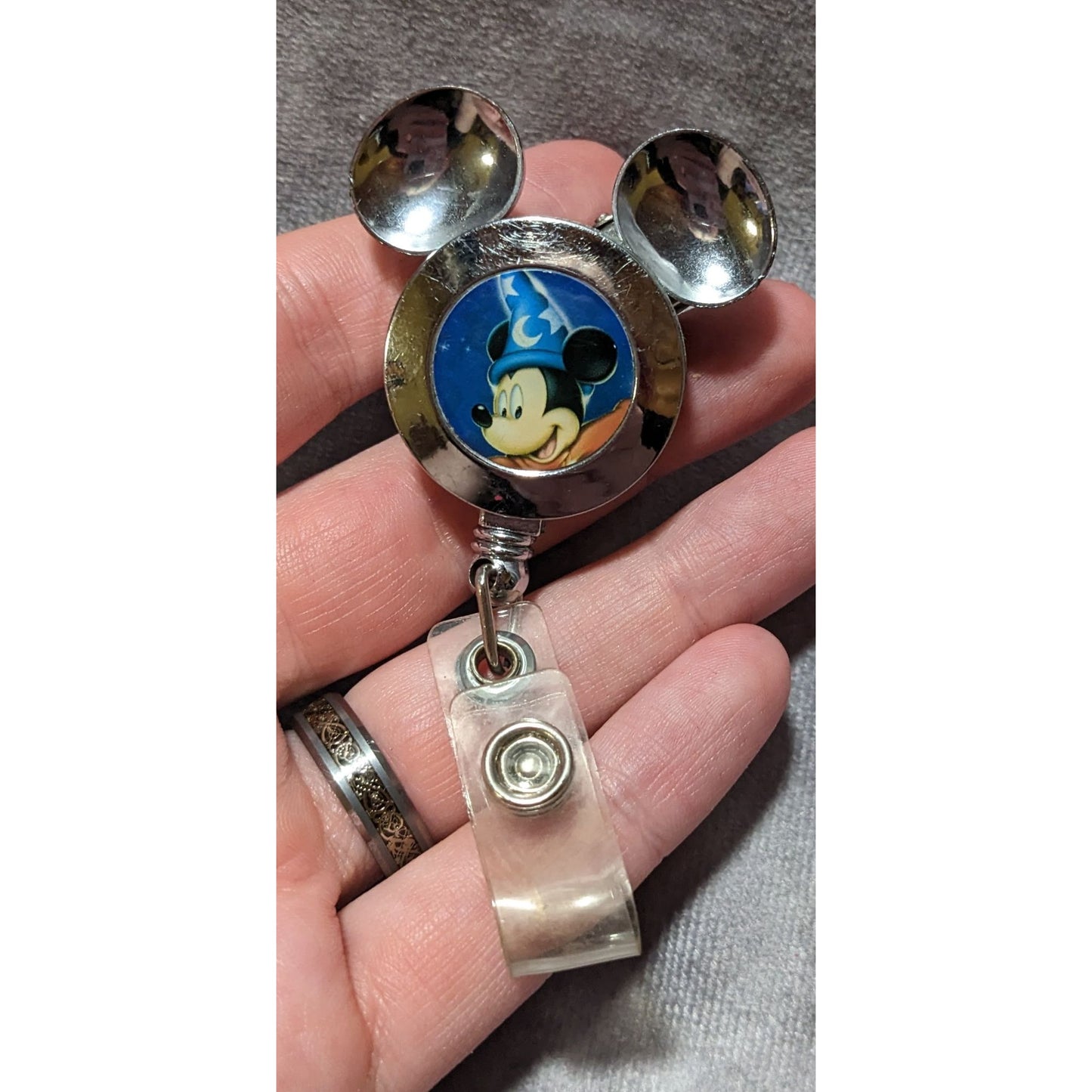 Sorcerer Mickey Badge Clip With Pull Cord