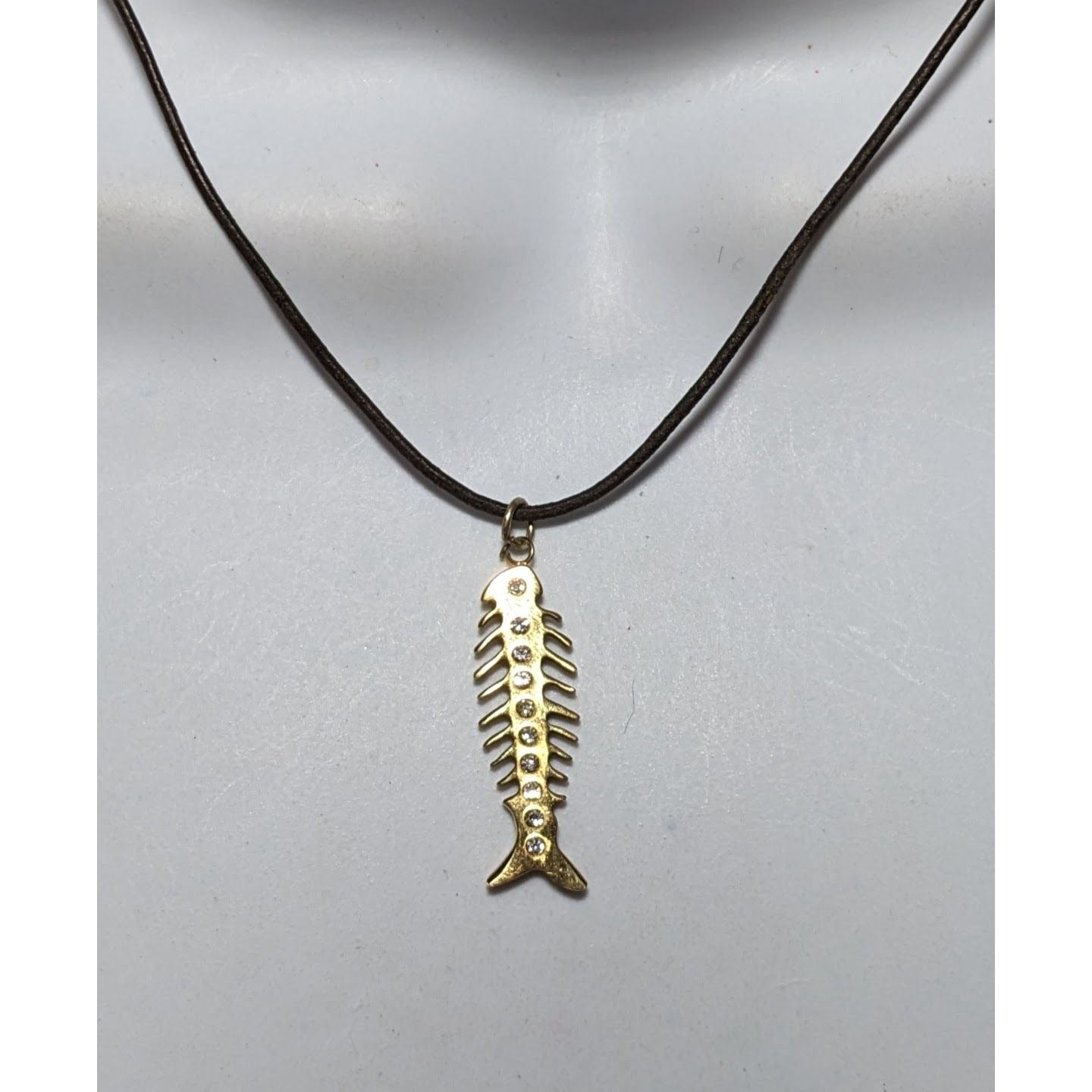 Glam Goth Fishbone Gold Sterling Pendant Necklace