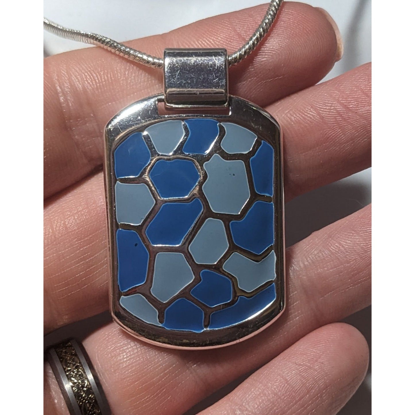 Abstract Blue And Silver Enamel Pendant Necklace