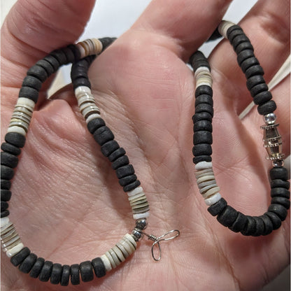 Vintage Beachy Heishi Necklace Black And White With Loops For Charms