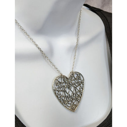 Silver Floral Filigree Heart Pendant Necklace