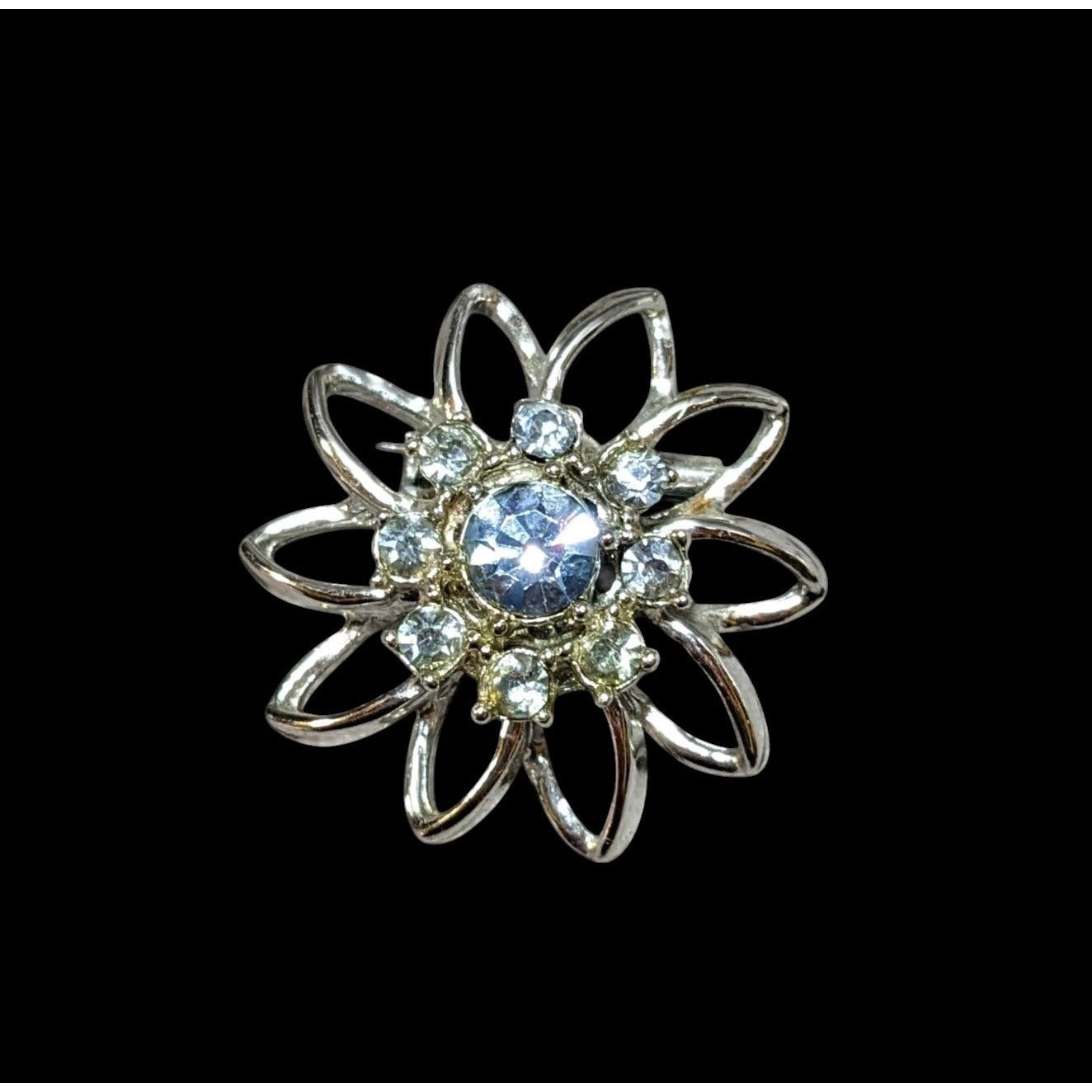 Vintage Blue And Silver Star Flower Rhinestone Brooch