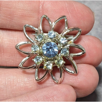 Vintage Blue And Silver Star Flower Rhinestone Brooch