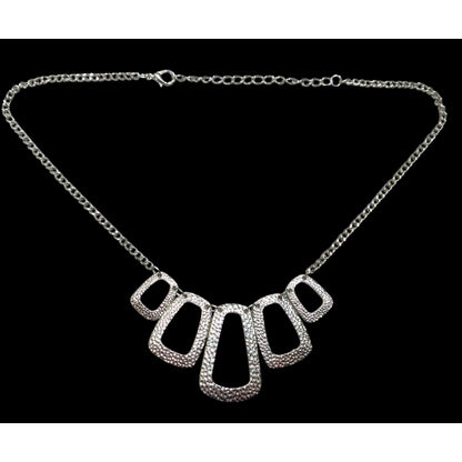 Modern Open Graduated Rectangle Silver Tone Hammered Necklace
