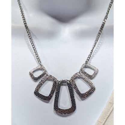 Modern Open Graduated Rectangle Silver Tone Hammered Necklace