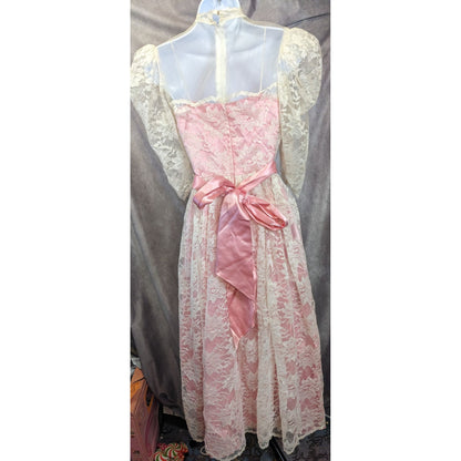 Vintage Handmade Pink Satin White Lace Floral Dress