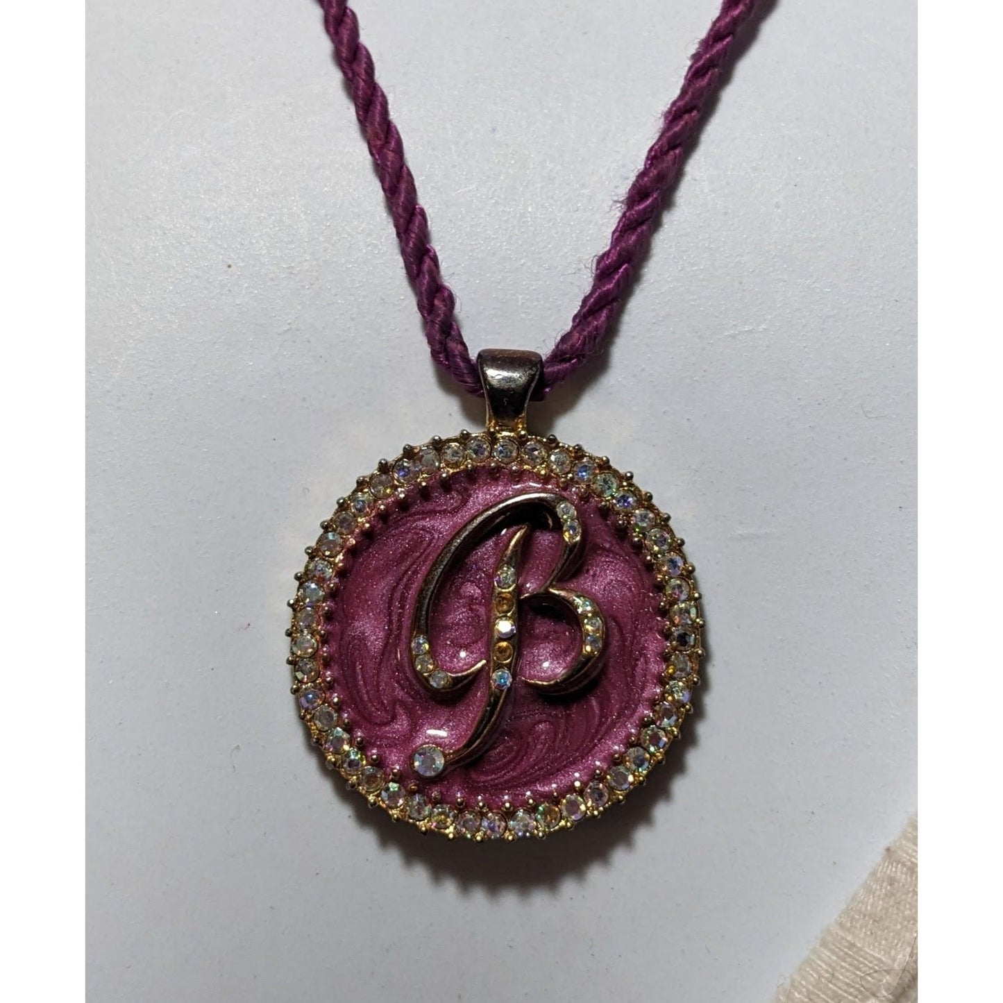 Purple Enamel Rhinestone B Medallion Necklace