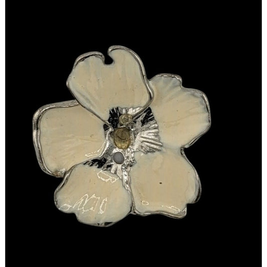 Vintage Floral Brooch Silver Tone With Cream Enamel (Missing Piece)