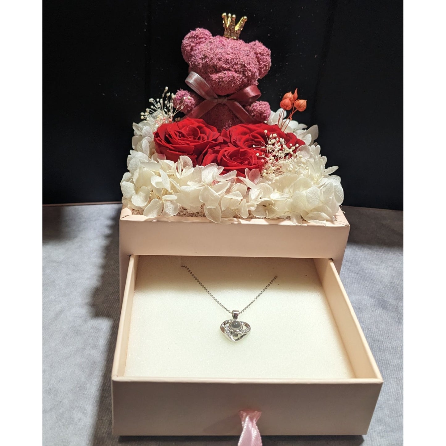 Preserved Rose Valentine Bear Necklace Gift Box