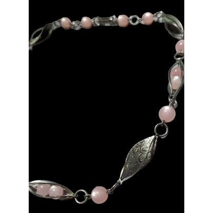 Vintage 40s Art Deco Pink Silver Leaf Necklace